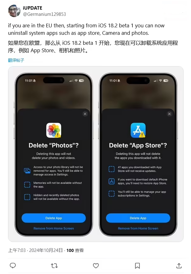 新干苹果手机维修分享iOS 18.2 支持删除 App Store 应用商店 