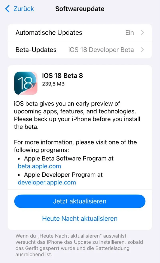 新干苹果手机维修分享苹果 iOS / iPadOS 18 开发者预览版 Beta 8 发布 